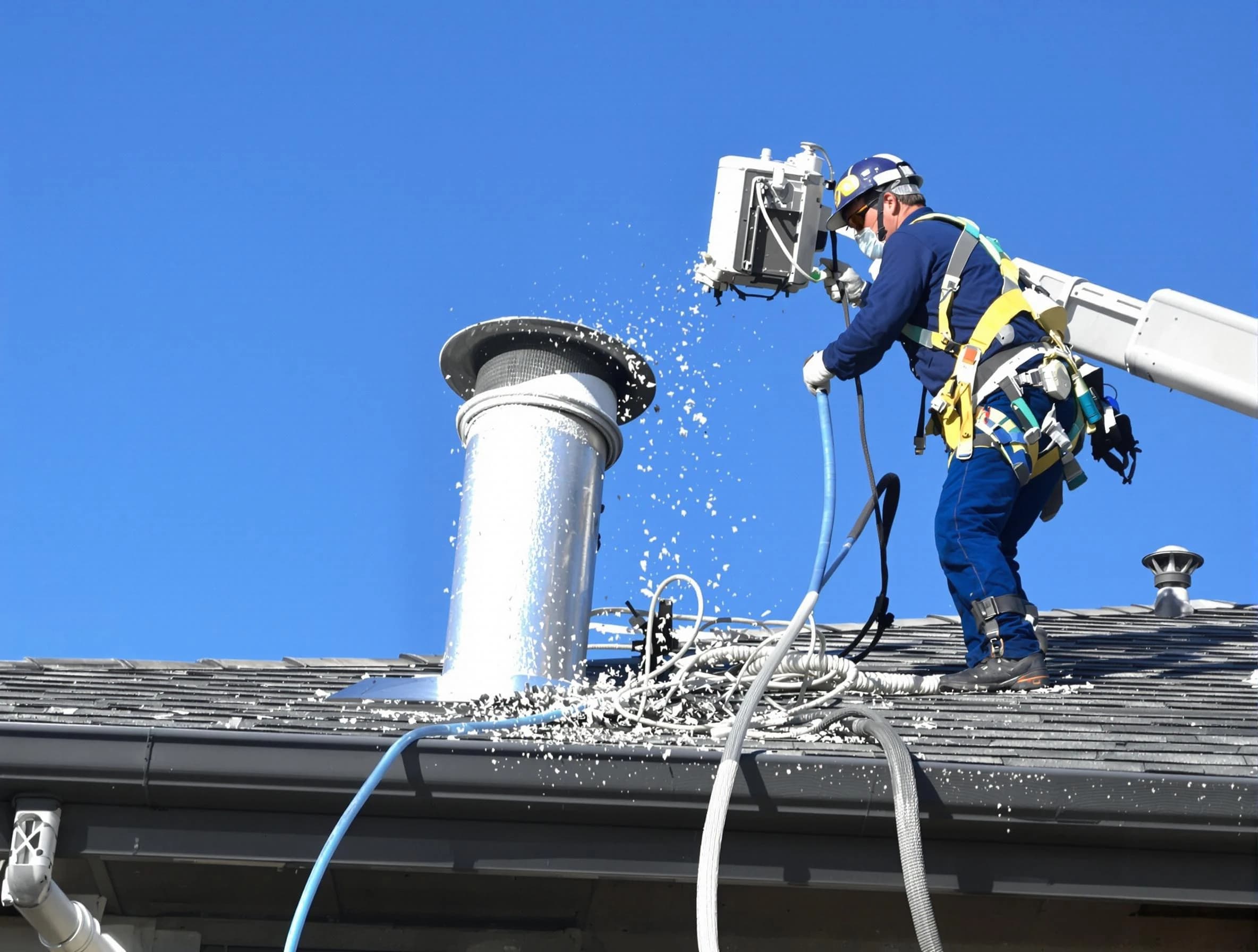 Midlothian Dryer Vent Cleaning certified technician safely cleaning a roof-mounted dryer vent in Midlothian