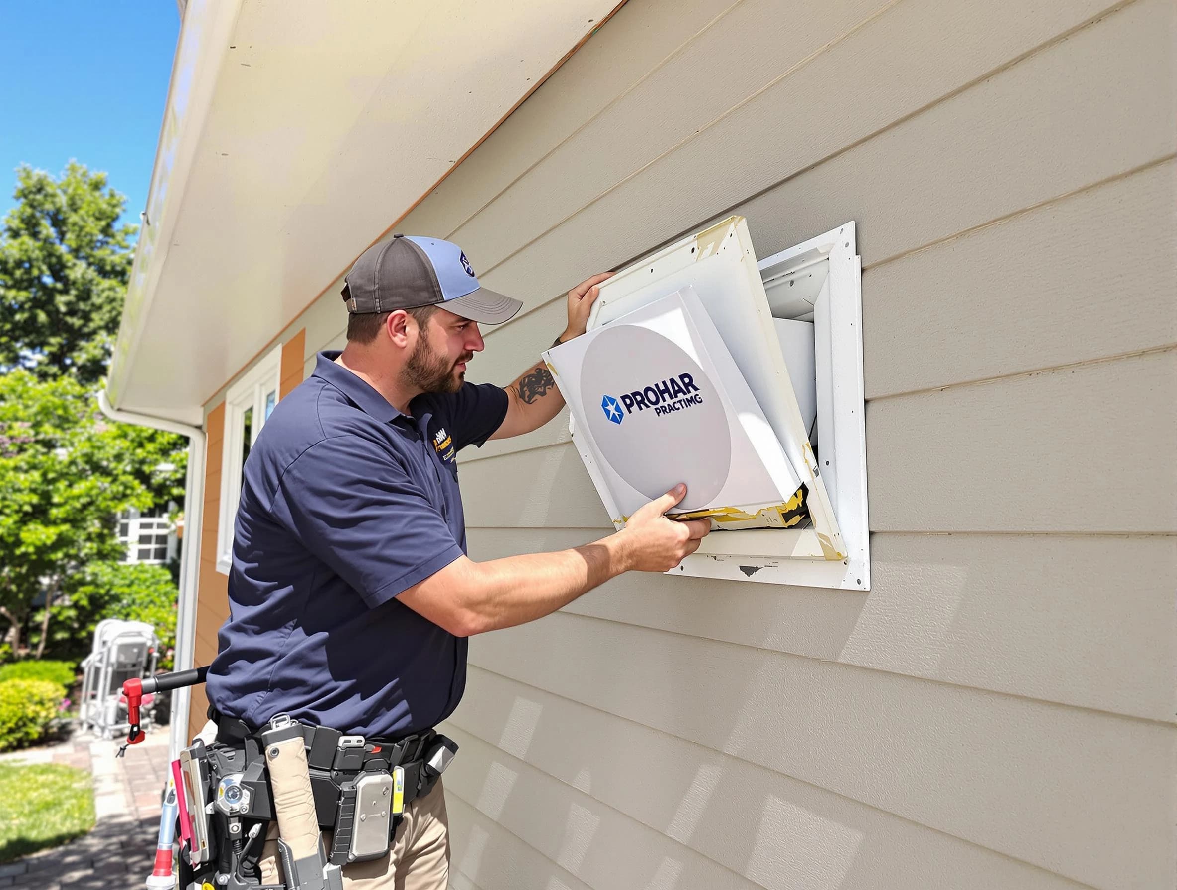 Midlothian Dryer Vent Cleaning technician installing a new protective dryer vent cover on a home in Midlothian