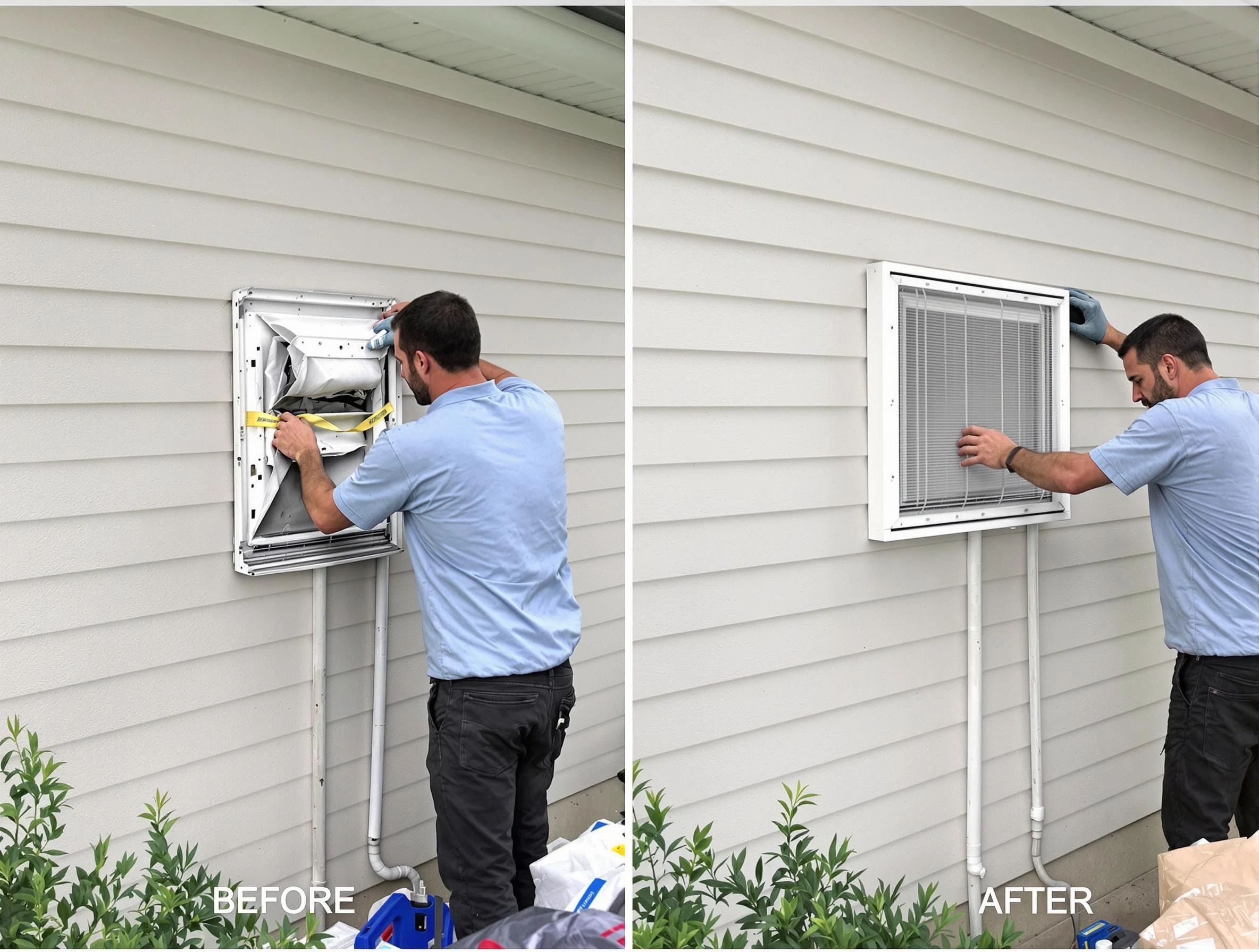 Midlothian Dryer Vent Cleaning technician installing high-quality dryer vent cover at a residential property in Midlothian